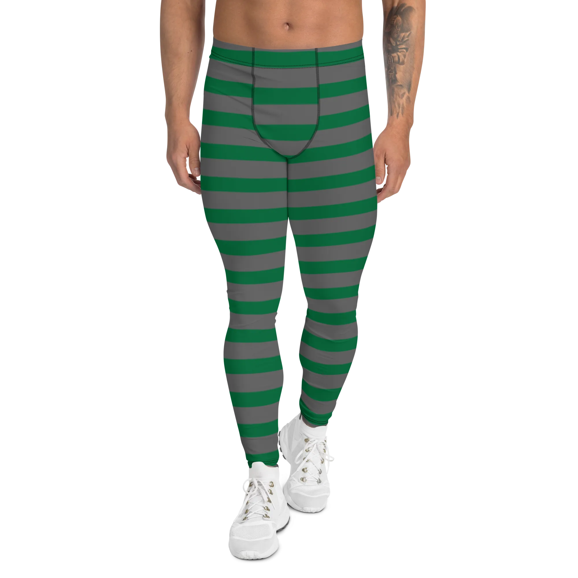 Grey Green Striped Men's Leggings, Horizontally Striped Christmas Style Meggings - Made in USA/EU/MX