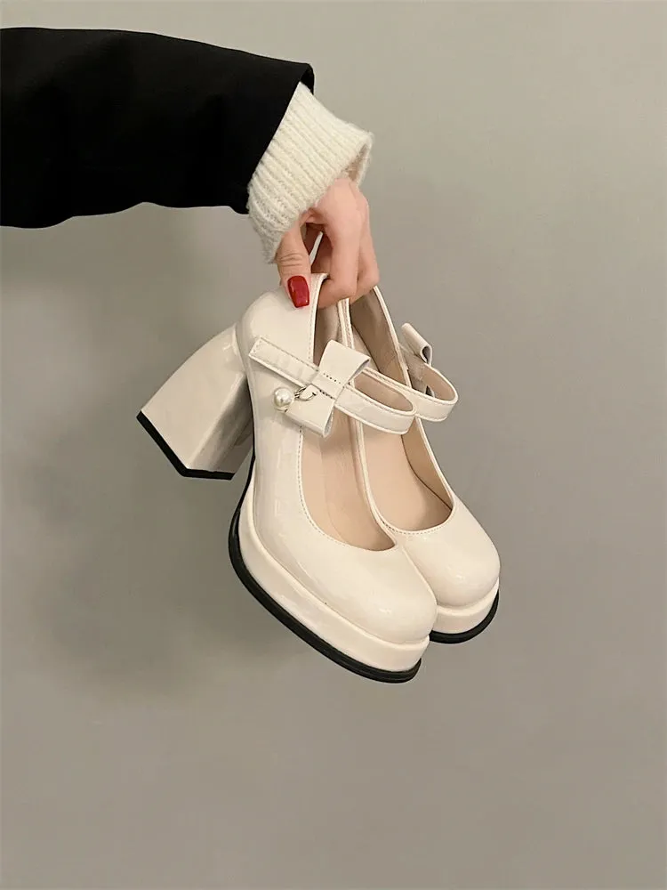 Hnzxzm Fashion French White Mary Jane Shoes Woman New Waterproof Platform High Heel Lolita Pu Leather Lady Shoes