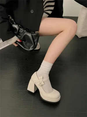 Hnzxzm Fashion French White Mary Jane Shoes Woman New Waterproof Platform High Heel Lolita Pu Leather Lady Shoes