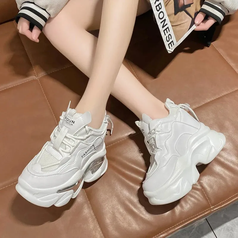 Hnzxzm Hidden Heels White Sneakers for Women Spring Chunky Platform Women's Sports Shoes Fashion Thick Bottom PU Leather Sneakers