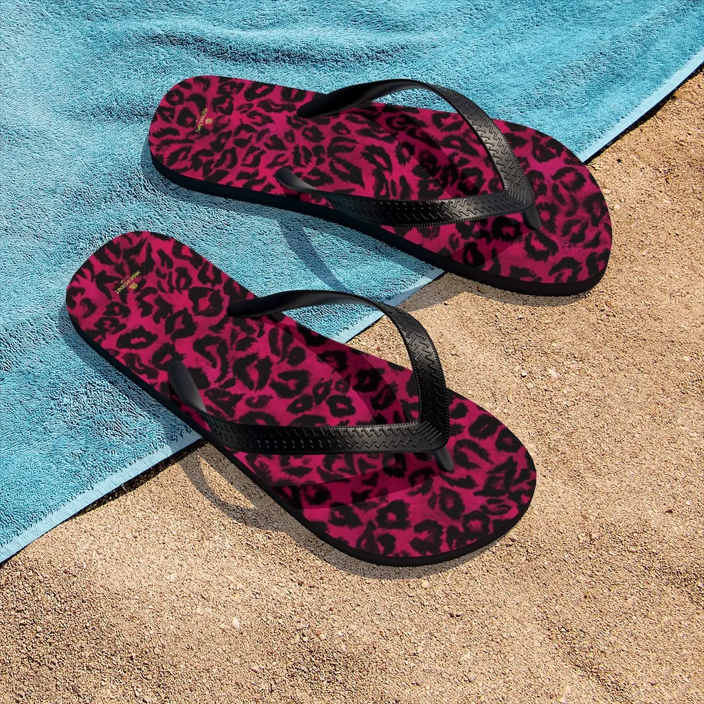 Hot Pink Leopard Flip Flops, Animal Print Unisex Flip-Flops Beach Pool Sandals- Made in USA