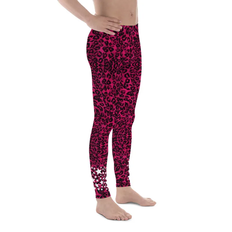 Hot Pink Leopard Star Meggings, Premium Men's Leggings Run Tights-Made in USA/EU