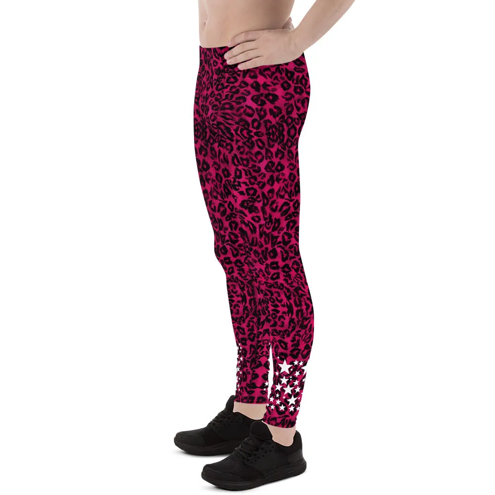 Hot Pink Leopard Star Meggings, Premium Men's Leggings Run Tights-Made in USA/EU