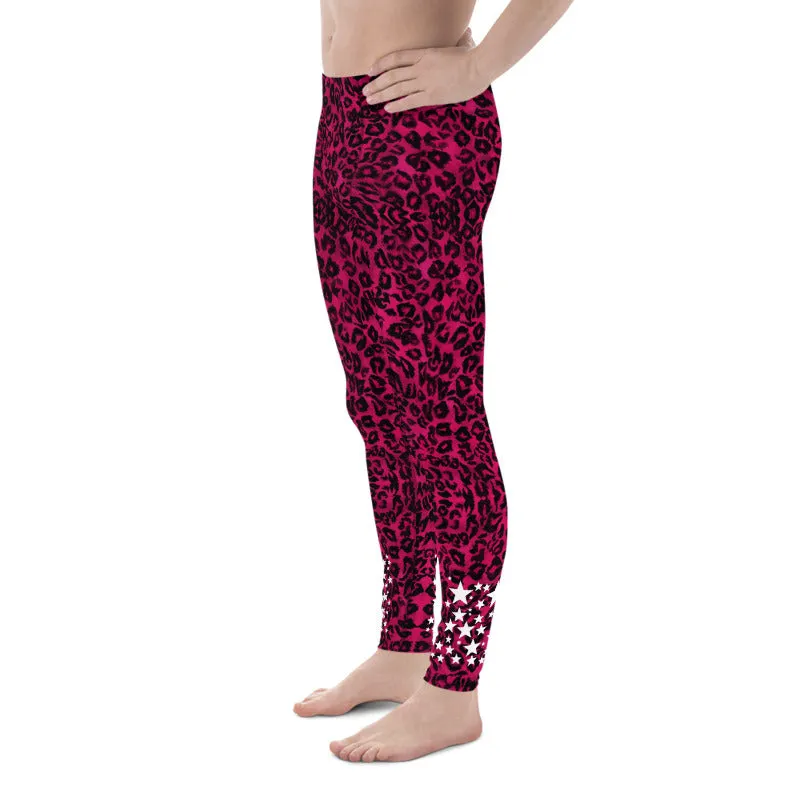 Hot Pink Leopard Star Meggings, Premium Men's Leggings Run Tights-Made in USA/EU