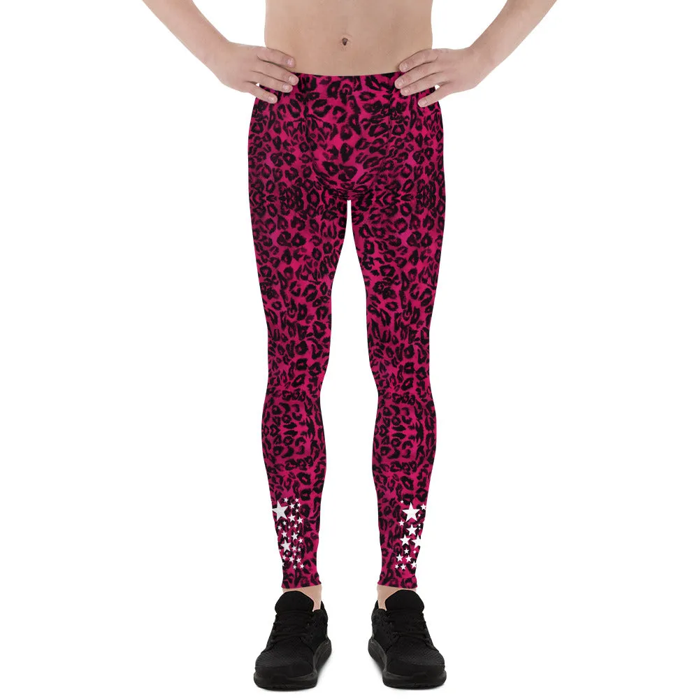 Hot Pink Leopard Star Meggings, Premium Men's Leggings Run Tights-Made in USA/EU