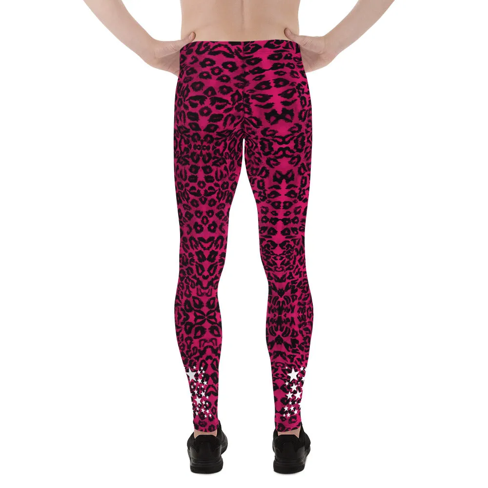 Hot Pink Leopard Star Meggings, Premium Men's Leggings Run Tights-Made in USA/EU