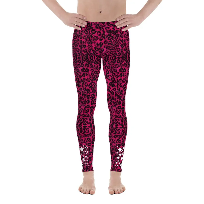 Hot Pink Leopard Star Meggings, Premium Men's Leggings Run Tights-Made in USA/EU