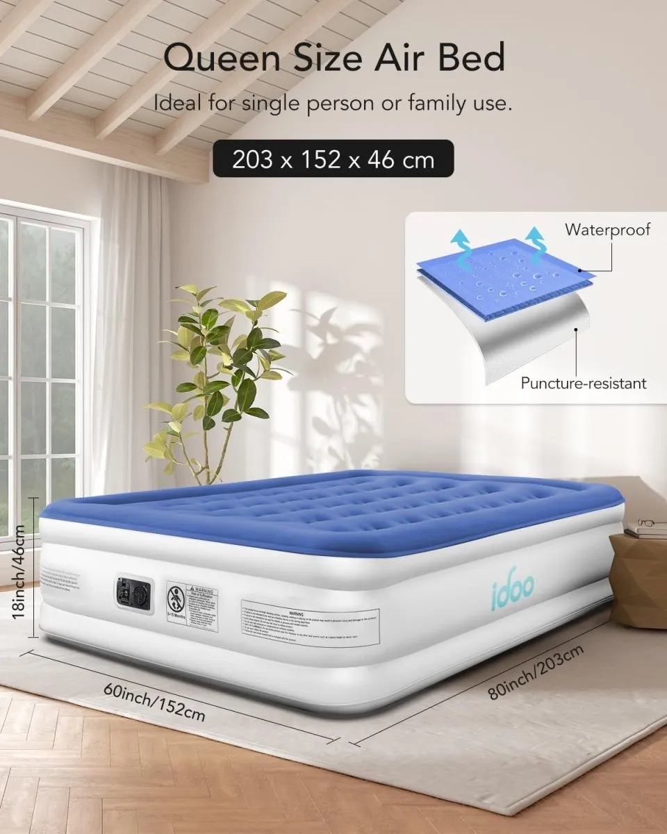 iDOO Queen Size Air Mattress Inflatable Bed with Built-in Electric Pump Portable