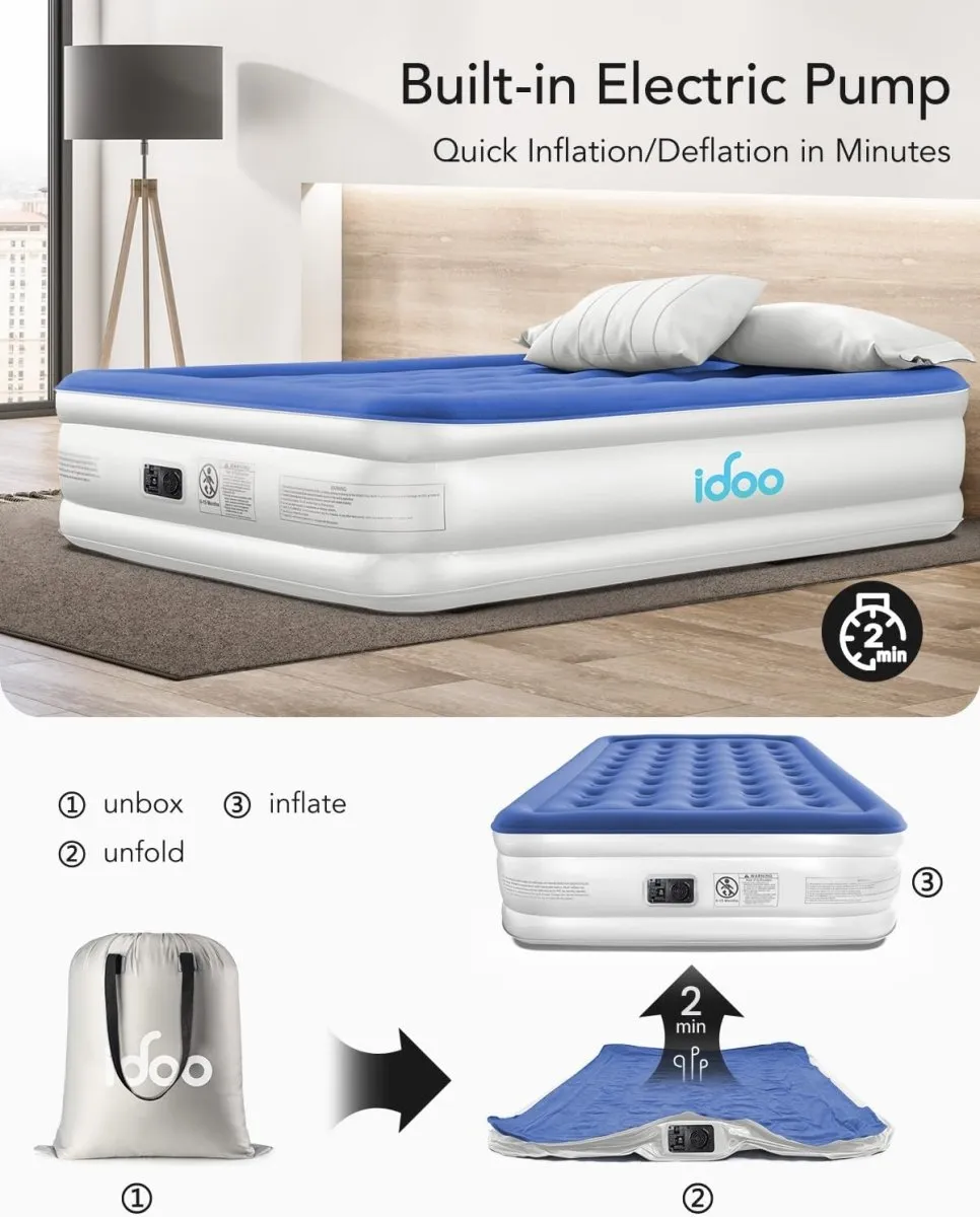 iDOO Queen Size Air Mattress Inflatable Bed with Built-in Electric Pump Portable