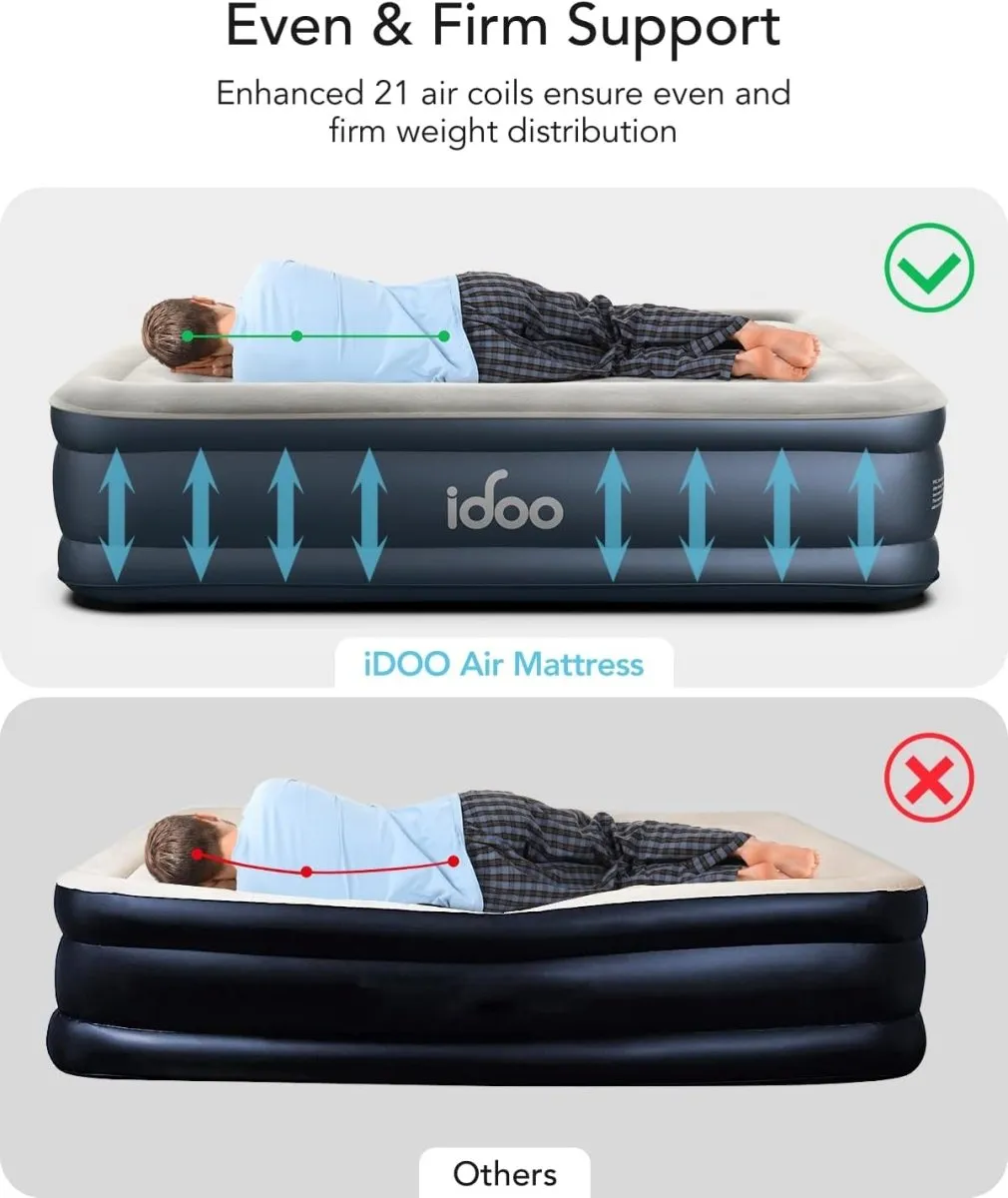 iDOO Single Size Air Mattress Inflatable Bed w/ Built-in Electric Pump Portable