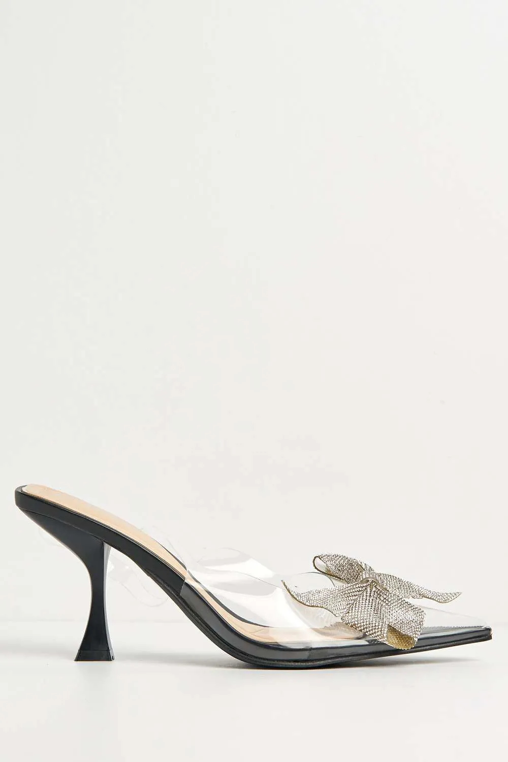 Juni Diamante Bow Detail Perspex Court Shoes in Black Patent