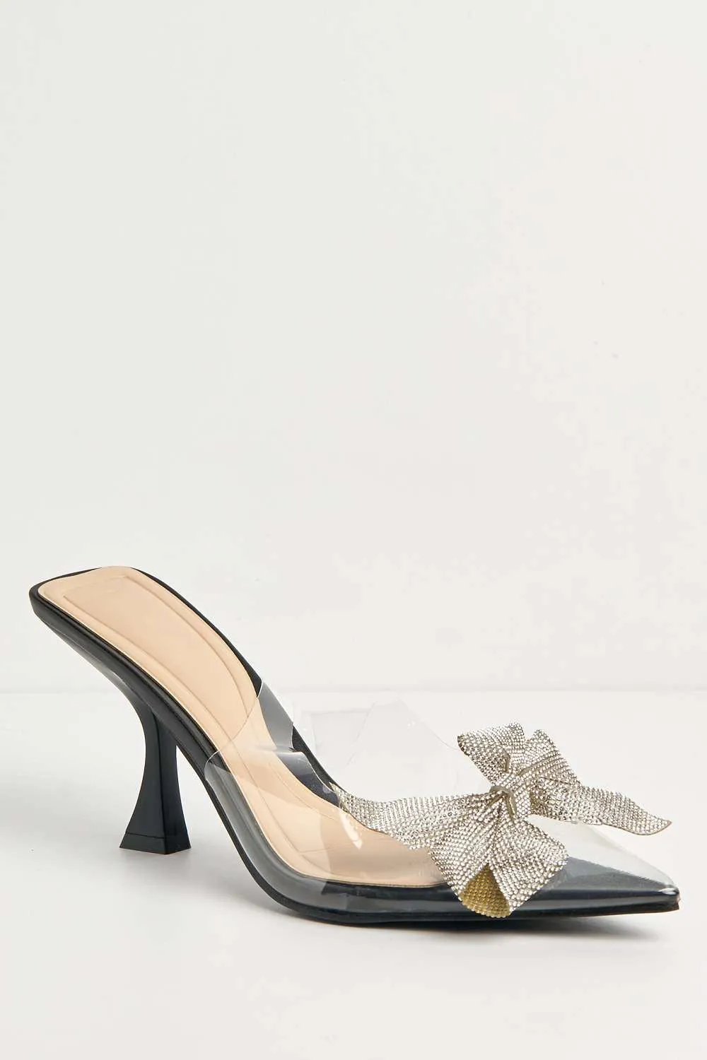 Juni Diamante Bow Detail Perspex Court Shoes in Black Patent