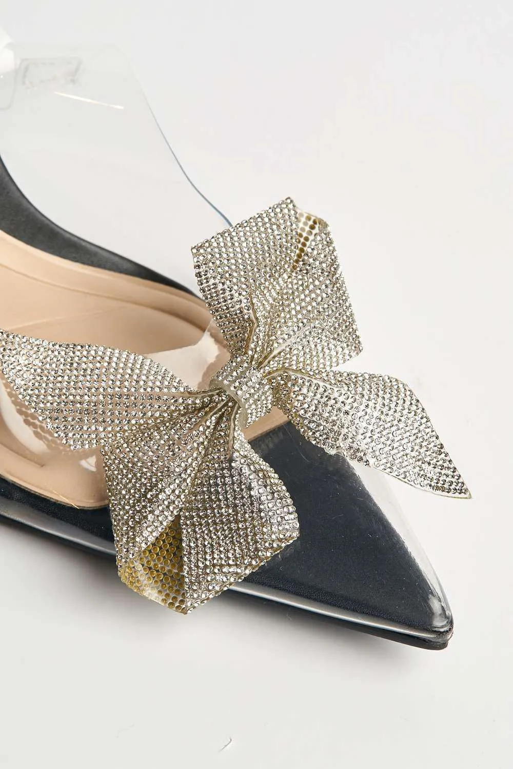 Juni Diamante Bow Detail Perspex Court Shoes in Black Patent