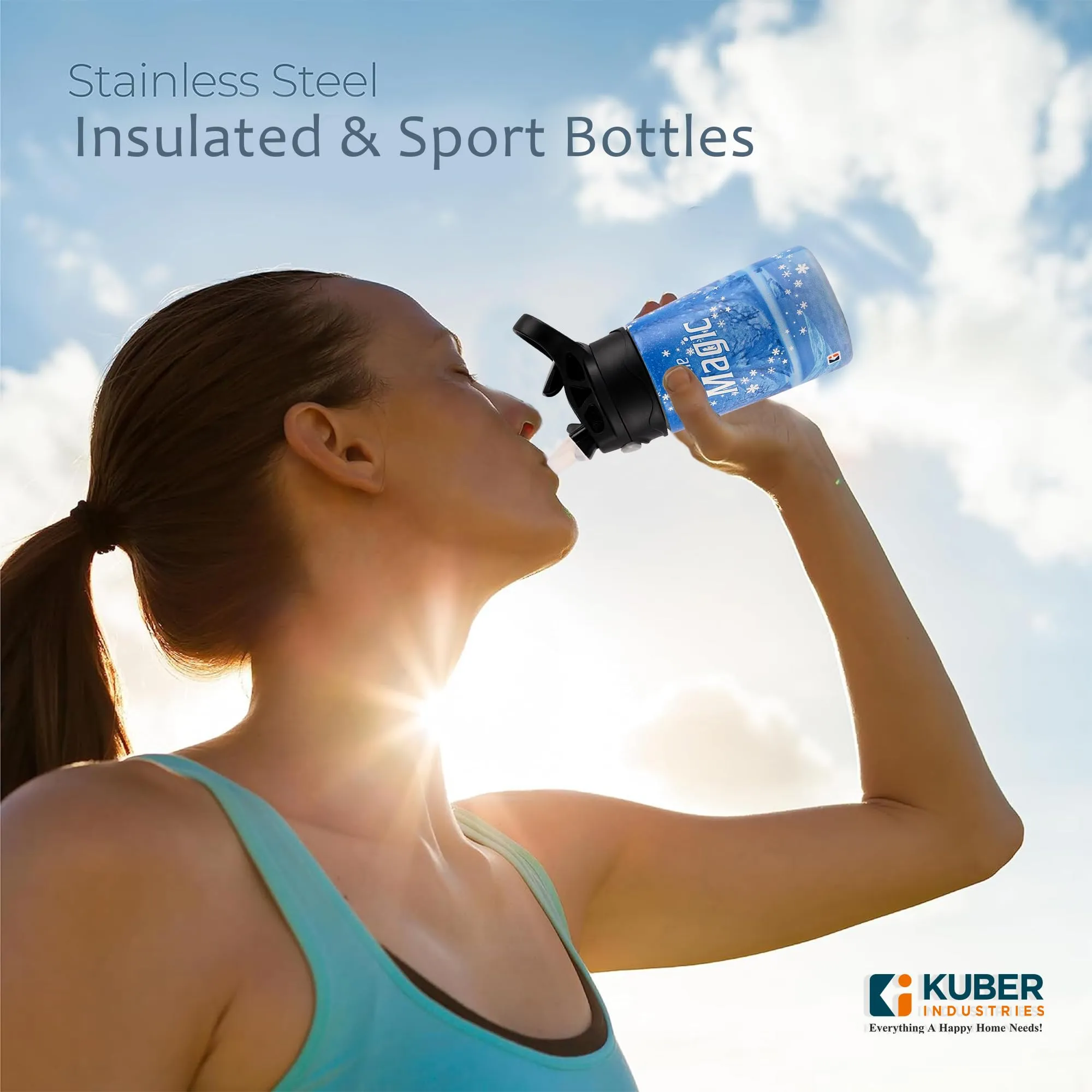Kuber Industries 350 ml Insulated Water Bottle | Disney Frozen Kids Water Bottle | Stainless Steel Kids Water Bottle | Water Bottle with Push-Button Flip Lid | Bottle For School | Blue | Pack of 3