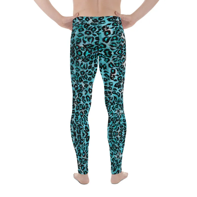 Light Blue Leopard Meggings, Animal Print Men's Leggings Running Tights-Made in USA/EU