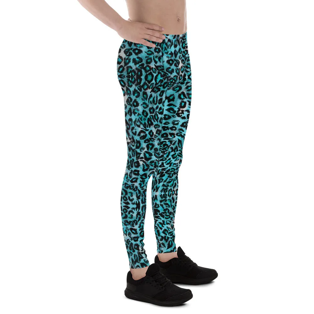 Light Blue Leopard Meggings, Animal Print Men's Leggings Running Tights-Made in USA/EU