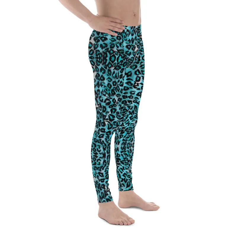 Light Blue Leopard Meggings, Animal Print Men's Leggings Running Tights-Made in USA/EU