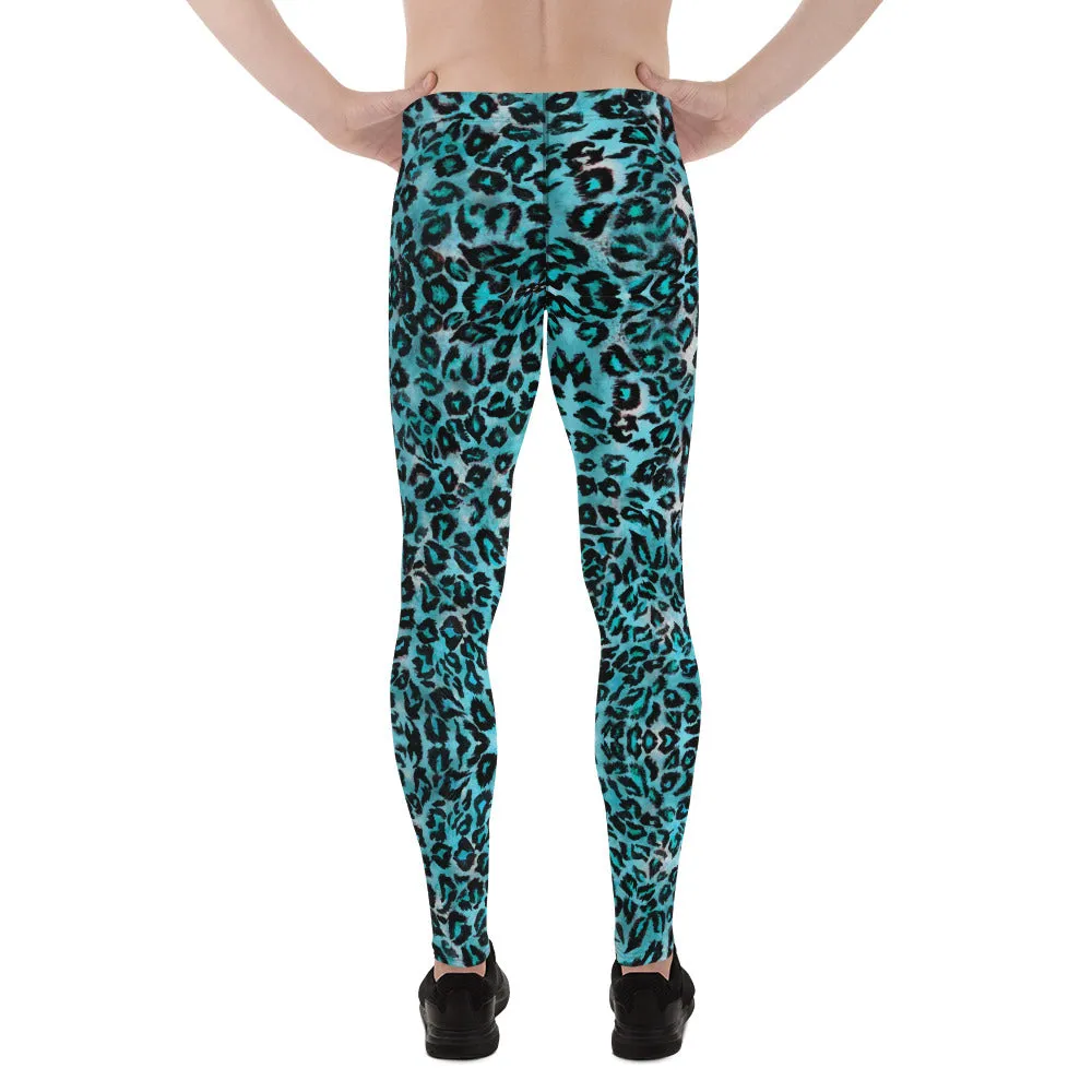 Light Blue Leopard Meggings, Animal Print Men's Leggings Running Tights-Made in USA/EU