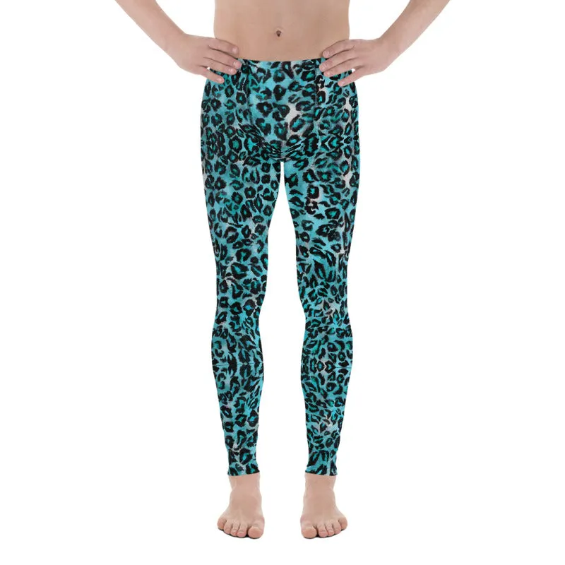 Light Blue Leopard Meggings, Animal Print Men's Leggings Running Tights-Made in USA/EU