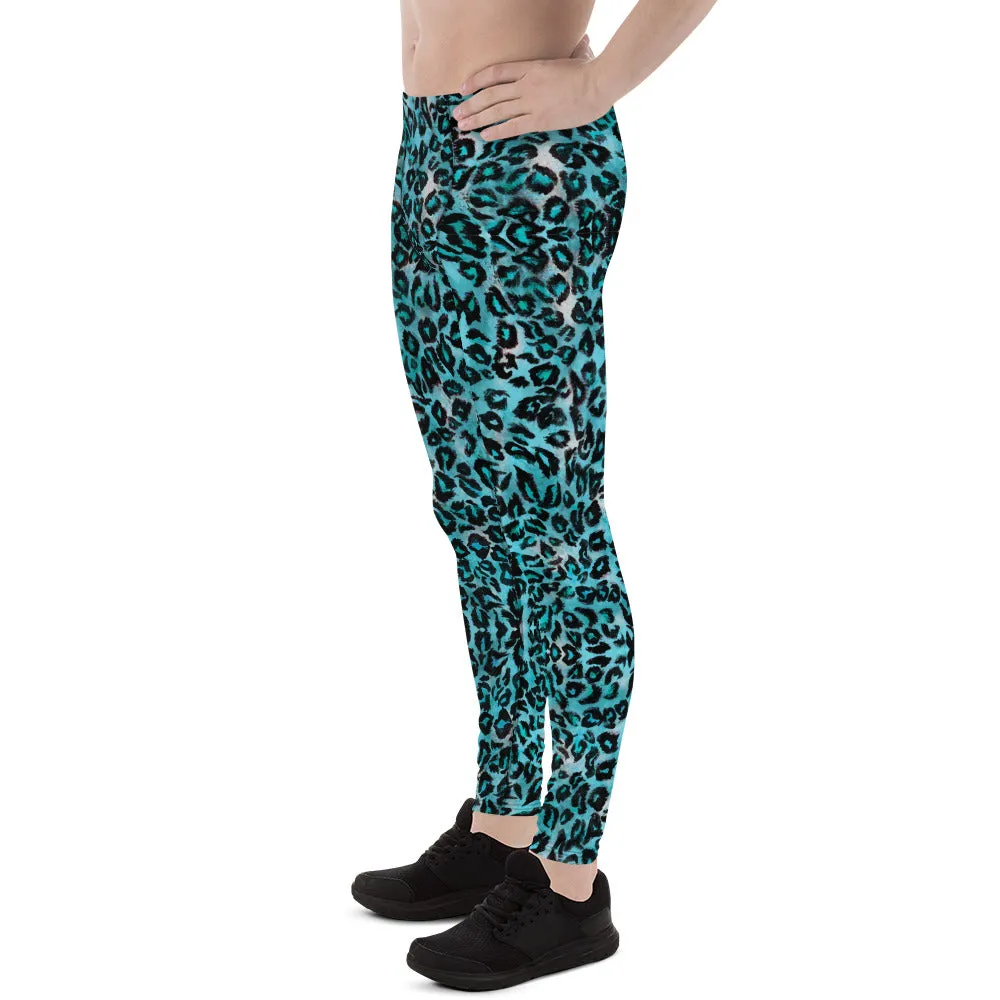 Light Blue Leopard Meggings, Animal Print Men's Leggings Running Tights-Made in USA/EU