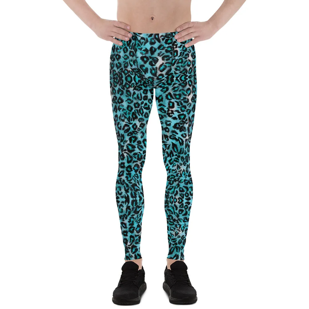 Light Blue Leopard Meggings, Animal Print Men's Leggings Running Tights-Made in USA/EU