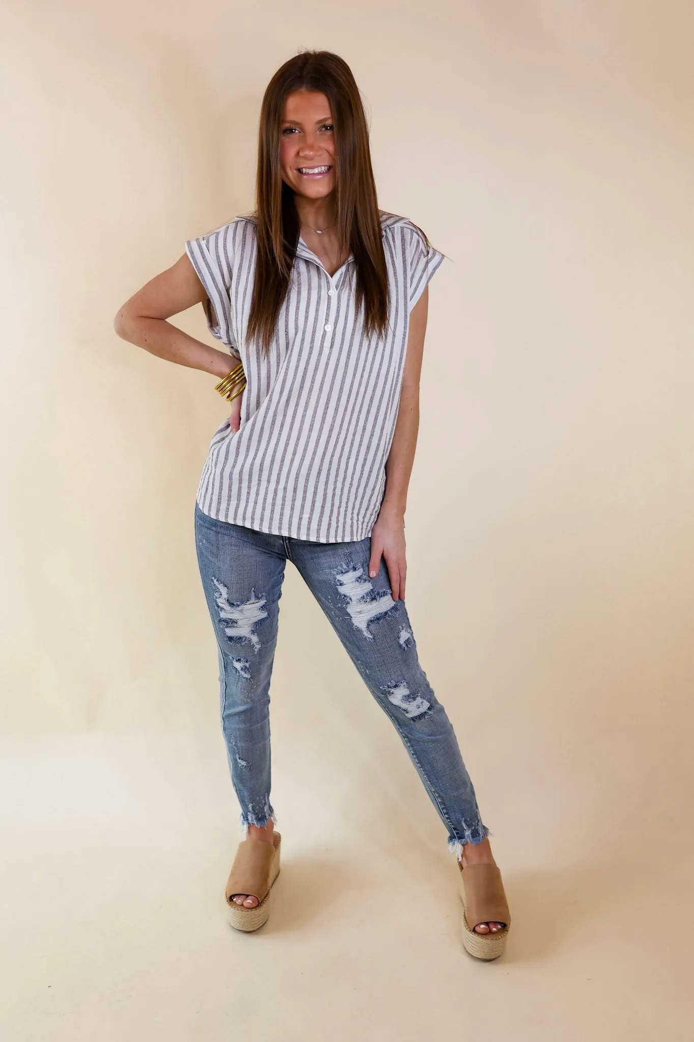 Long Time Coming Half Button Up Pin Stripe Top in Ivory