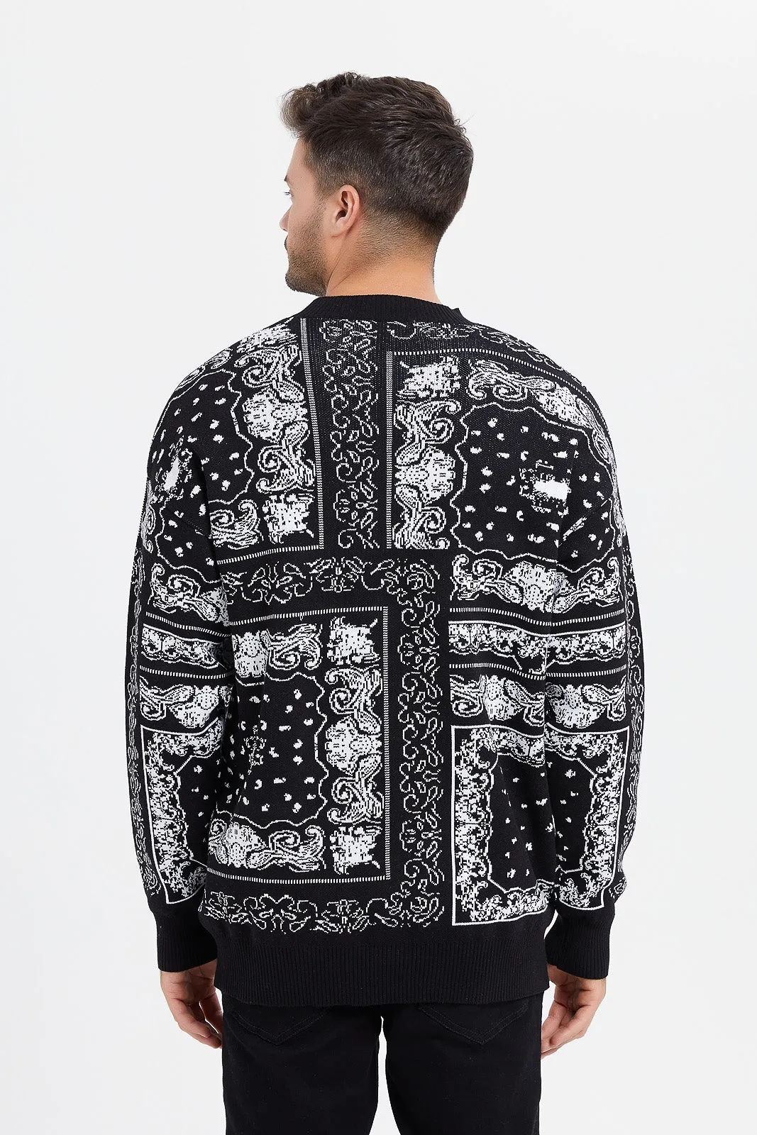 Men Black Paisley Intarsia Knitted Pullover