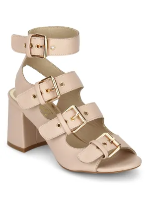 Nude Buckle Detail Ankle Strap Low Block Heels