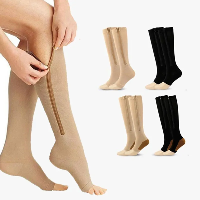 OCW Compression Socks Women Open Toe Zipper Tension Relief Knee High Stockings