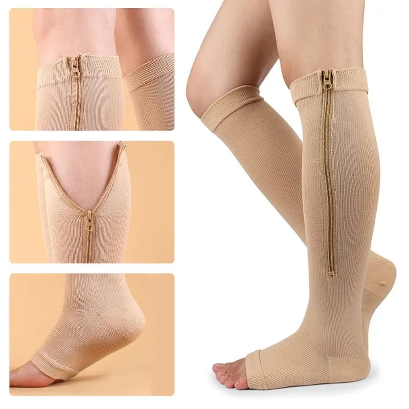 OCW Compression Socks Women Open Toe Zipper Tension Relief Knee High Stockings