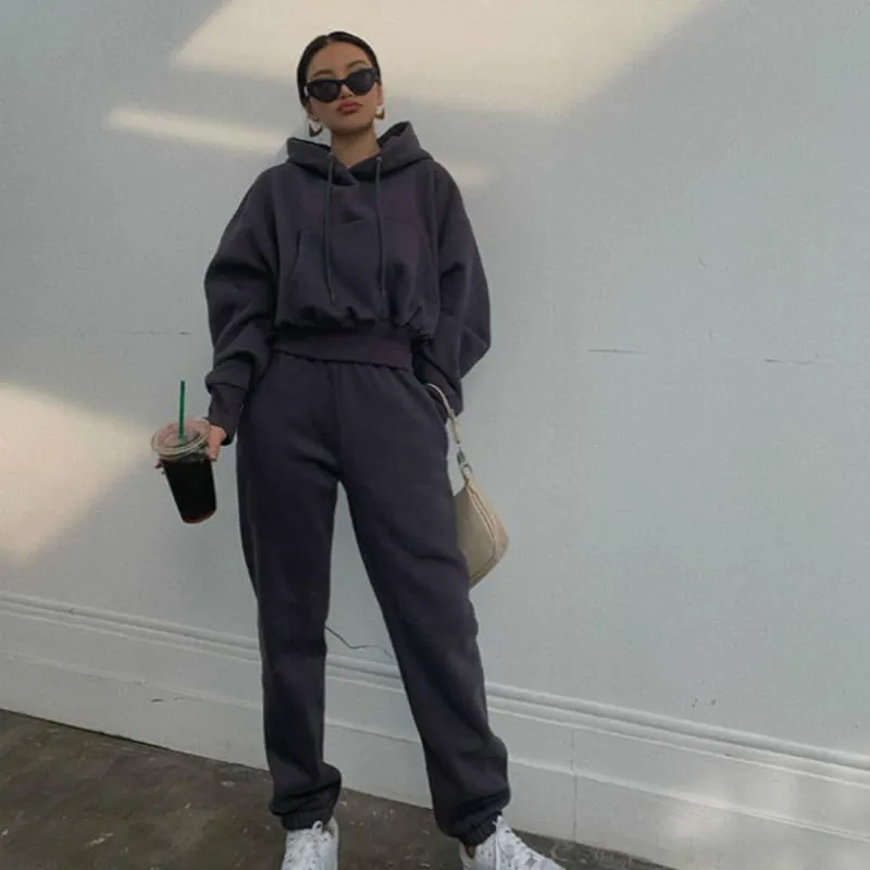 Oversized Women’s Warm Hooded Shirt and Pants Set Sportswear