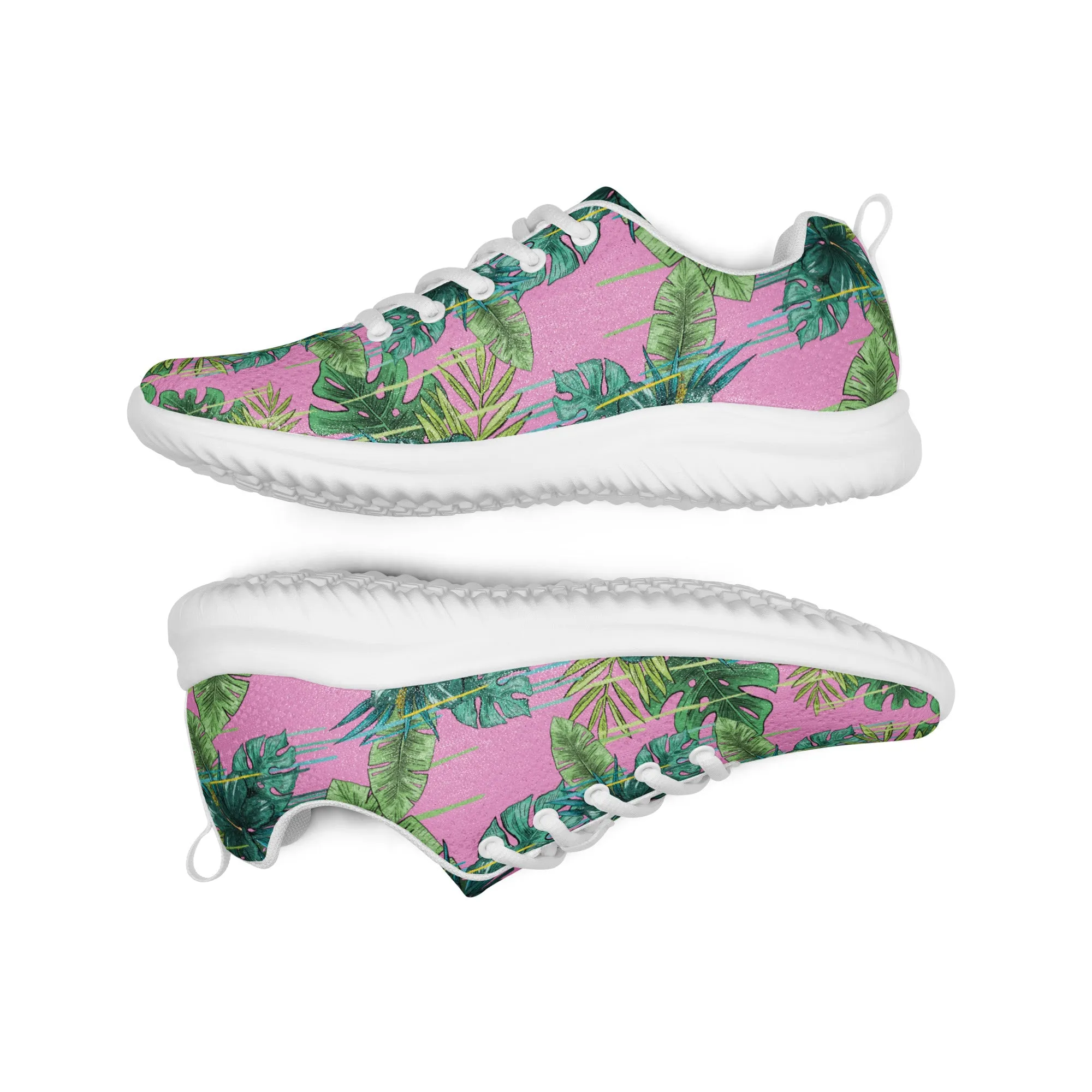 Pink Green Tropical Men's Sneakers, Tropical Leaves Print Breathable Lightweight Men’s Athletic Shoes (US Size: 5-13)