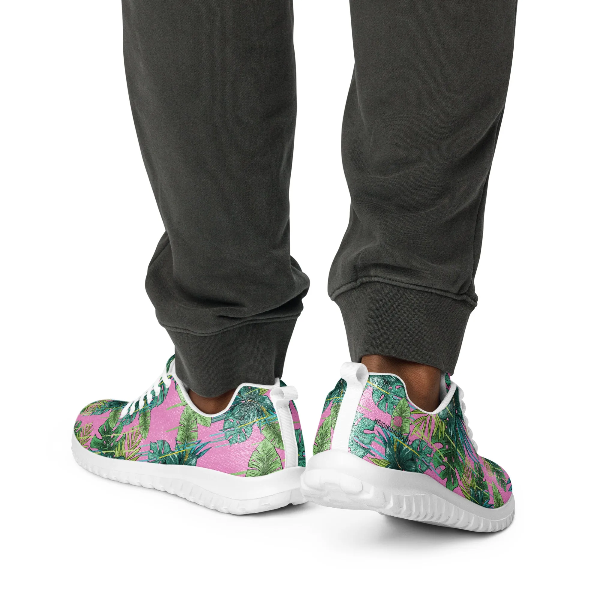 Pink Green Tropical Men's Sneakers, Tropical Leaves Print Breathable Lightweight Men’s Athletic Shoes (US Size: 5-13)