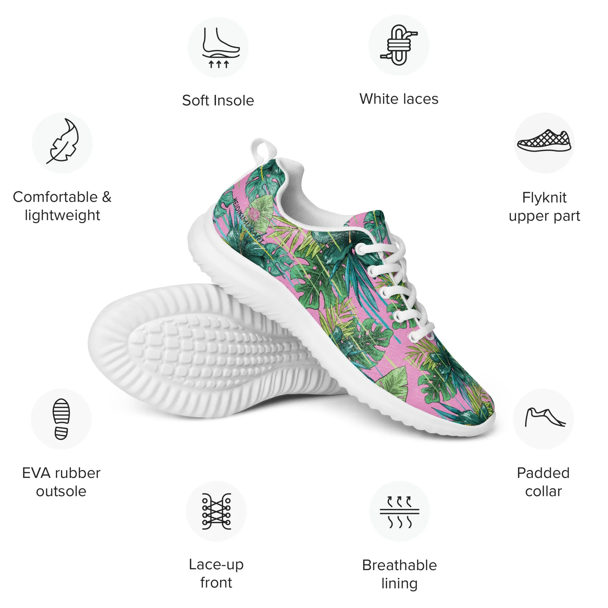 Pink Green Tropical Men's Sneakers, Tropical Leaves Print Breathable Lightweight Men’s Athletic Shoes (US Size: 5-13)