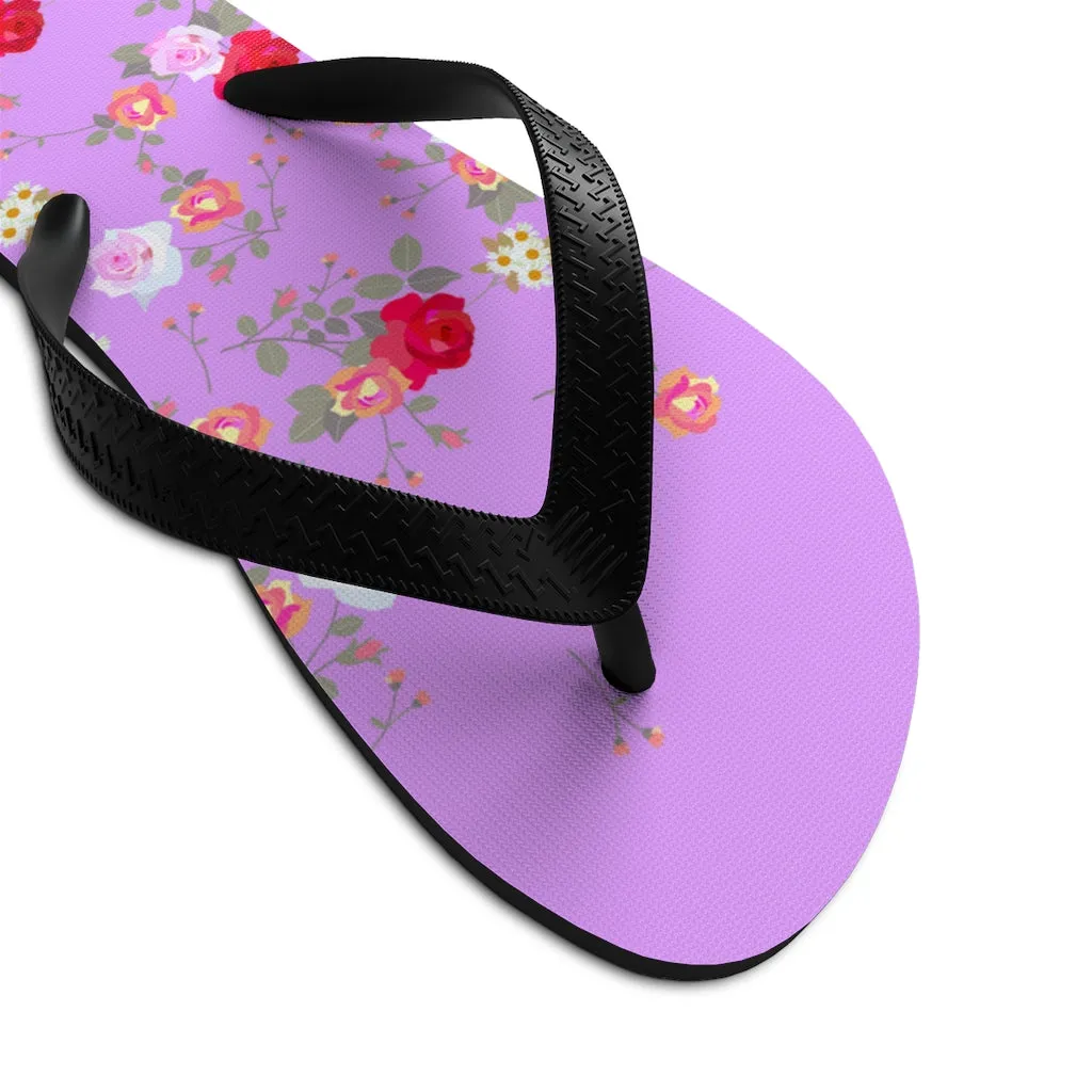 Pink Red Floral Flip Flops, Rose Print Unisex Flip-Flops Beach Pool Cute Sandals- Made in USA