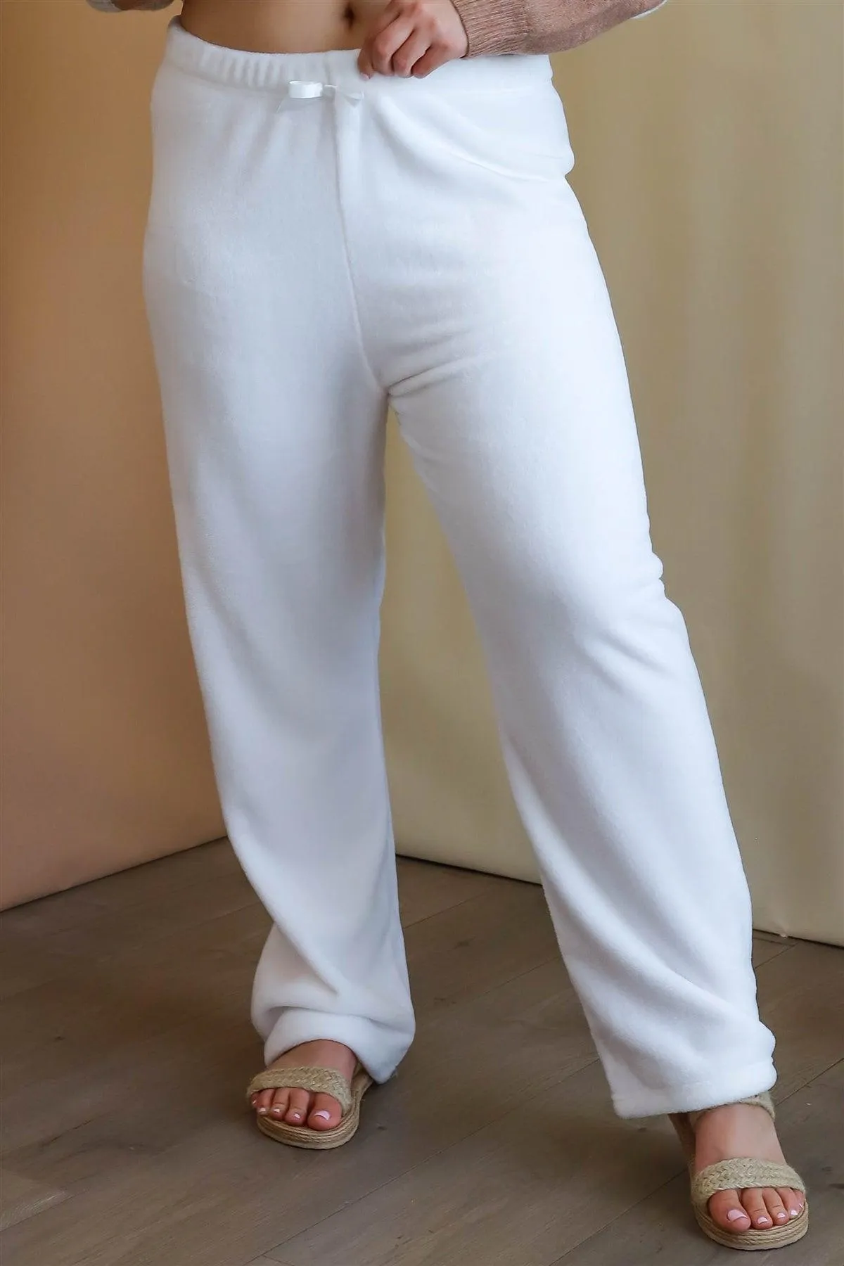 Plus Size Ivory Cozy Bow Wide Leg Lounge Pants