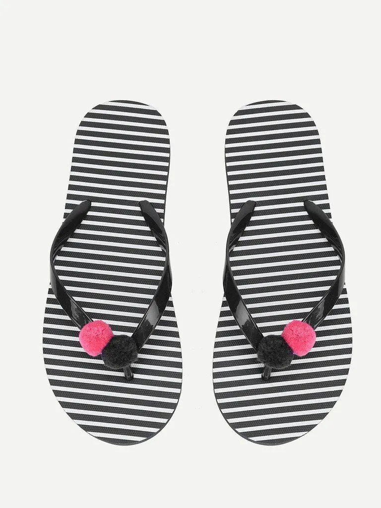 Pom Pom Detail Striped Flip Flops