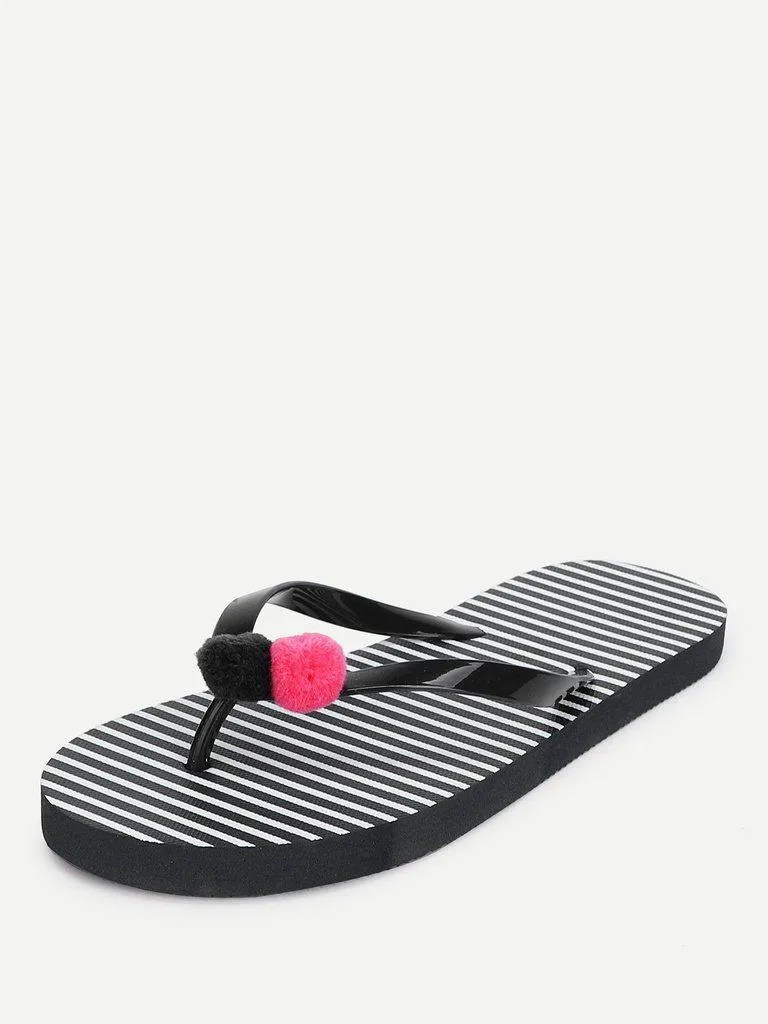 Pom Pom Detail Striped Flip Flops