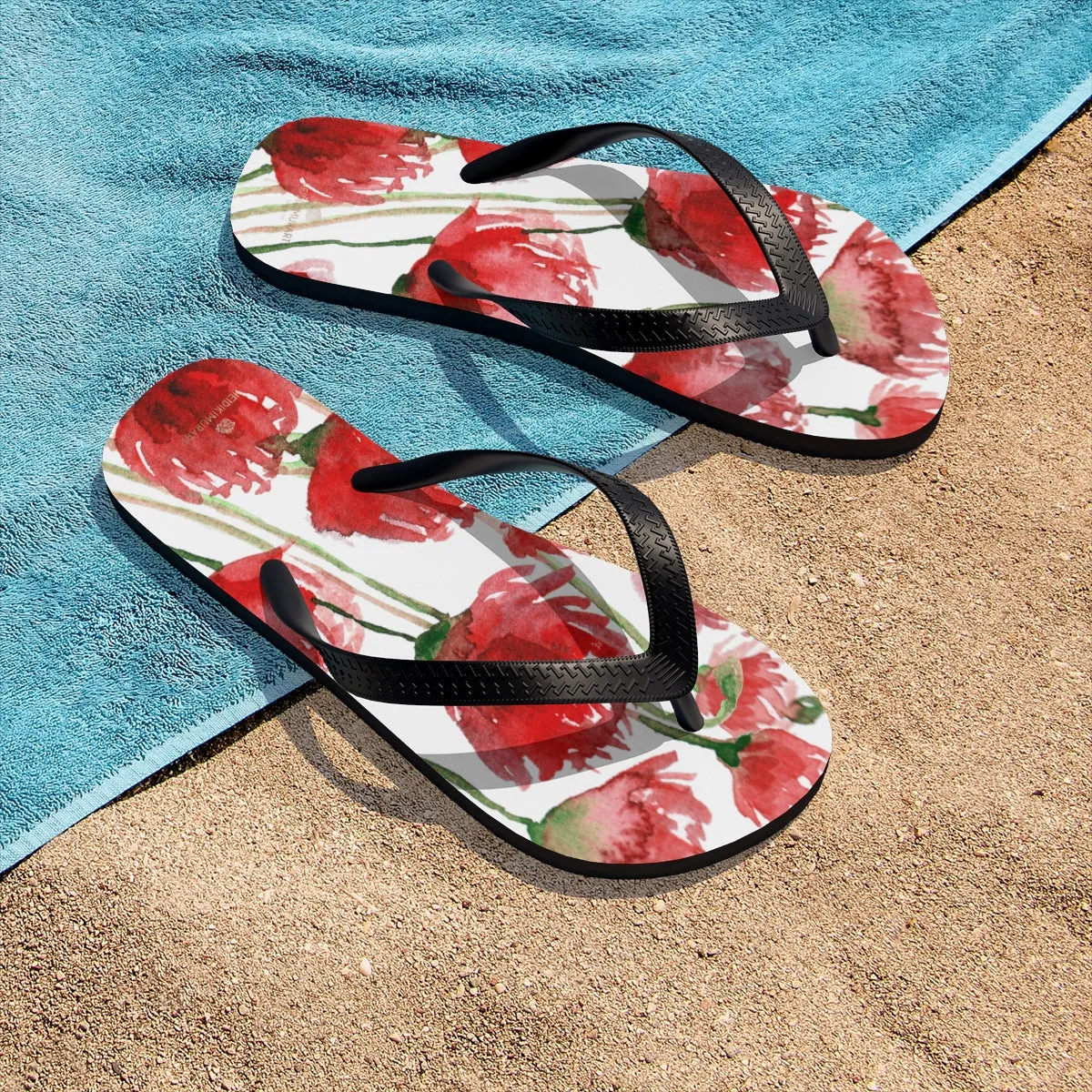 Poppy Bright Flip Flops, Red Poppy Flowers Girlie Floral Print Unisex Flip-Flops - Made in USA