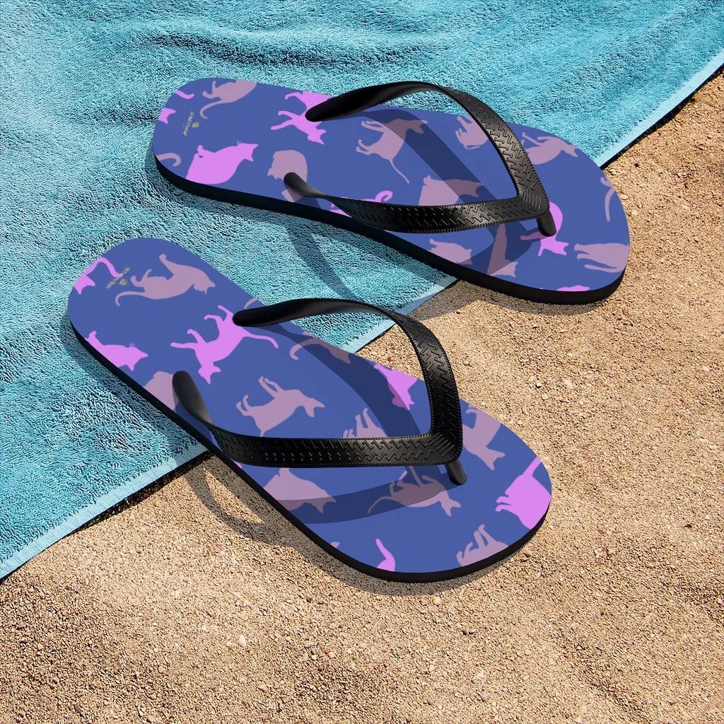 Purple Pink Cat Print Flip-Flops, Unisex Cat Sandals For Men & Women- Printed in USA