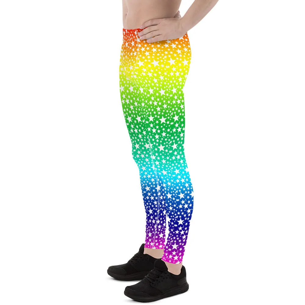 Rainbow White Stars Meggings, Gay Pride Parade Men's Leggings Tights-Made in USA/EU