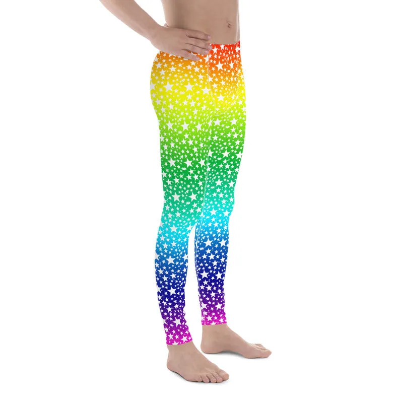 Rainbow White Stars Meggings, Gay Pride Parade Men's Leggings Tights-Made in USA/EU