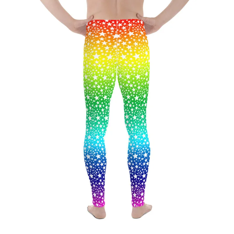 Rainbow White Stars Meggings, Gay Pride Parade Men's Leggings Tights-Made in USA/EU