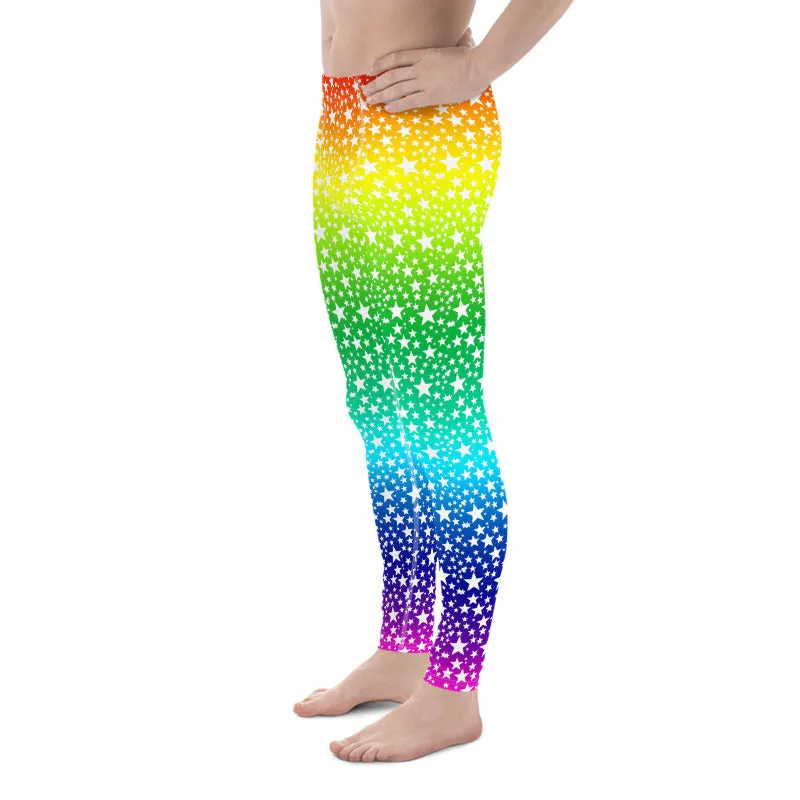 Rainbow White Stars Meggings, Gay Pride Parade Men's Leggings Tights-Made in USA/EU