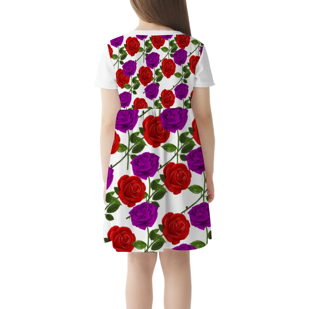 Red Rose Purp Girls Fashion Short Sleeve Skater Dress