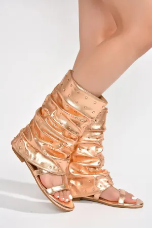 Rose Gold Rhinestone Legging Boots Flat Sandals