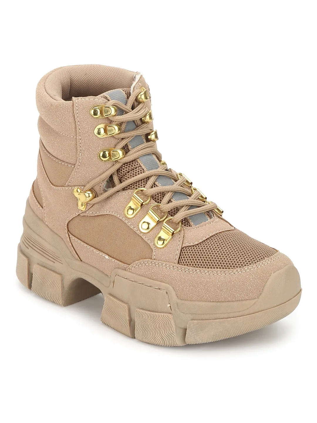 Sand Micro Heeled Lace-Up Sneakers