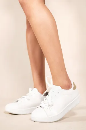 SERENITY CHUNKY SOLE LACE UP TRAINERS IN WHITE GOLD FAUX LEATHER