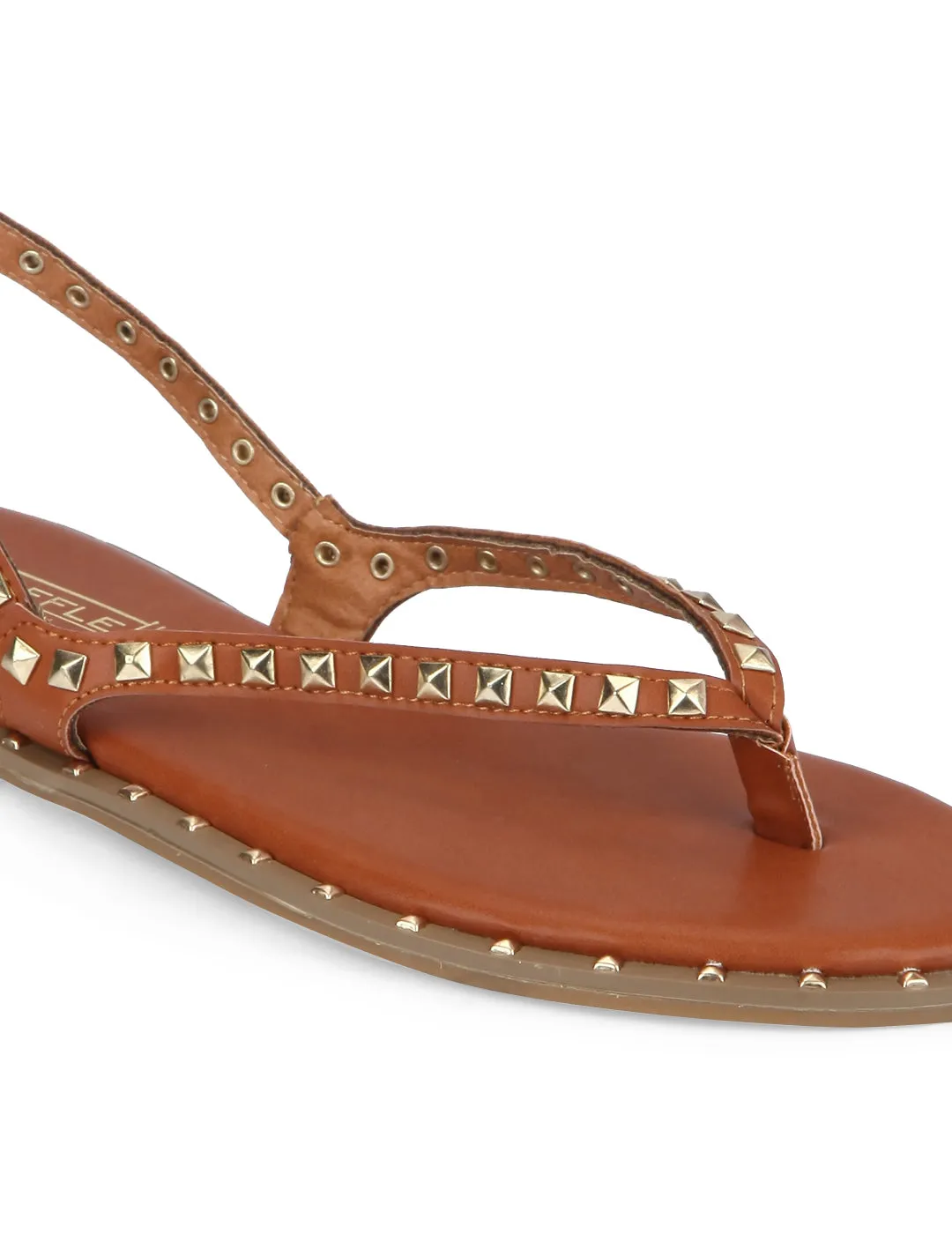 Tan PU Studded Strap Slip-On Flats