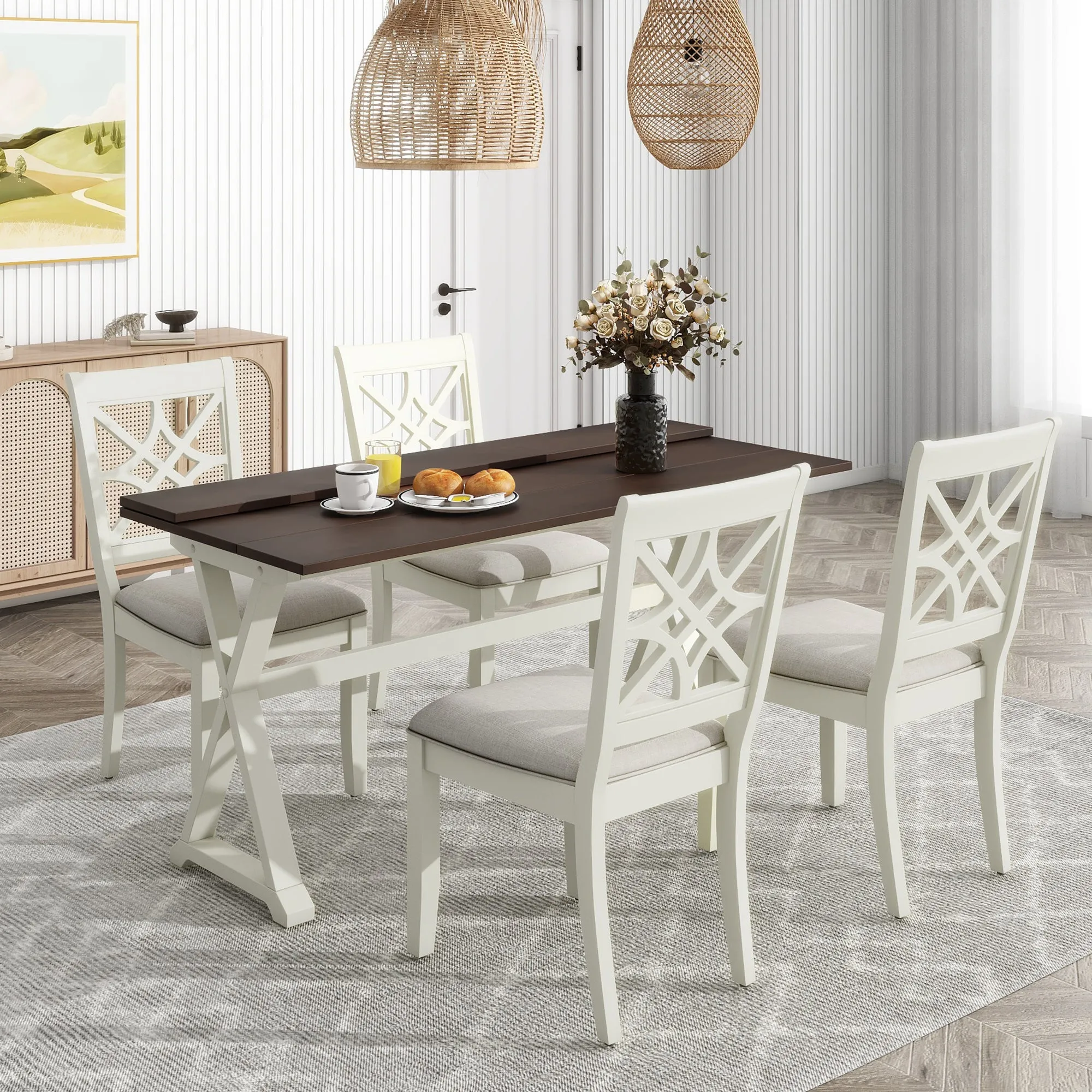 TOPMAX 5-Piece 62*35.2inch Extendable Rubber Wood Dining Table Set with X-shape Legs,Console Table with Two 8.8Inch-Wide Flip Lids and Upholstered Dining Chairs ,Beige